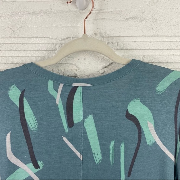 LOGO by Lori Goldstein Button Front Knit Cardigan Tunic Teal Abstract Print M - Picture 11 of 16